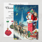 ビクトリアンサンタクロースが煙突から降りてくるクリスマスのベクトルイラスト, ヴィンテージクリスマス 招待状 (正面/裏面)