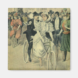ビクトリアンスタイルの結婚式の花嫁と新郎　新婚夫婦のタンデム自転車 マグネット