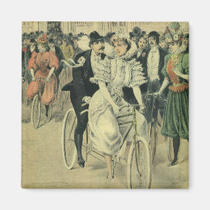 ビクトリアンスタイルの結婚式の花嫁と新郎 新婚夫婦のタンデム自転車 マグネット