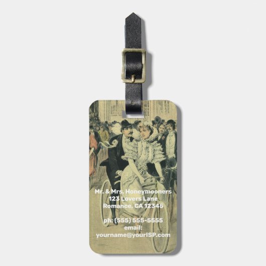 ビクトリアンスタイルの結婚式の花嫁と新郎 新婚夫婦のタンデム自転車 ラゲッジタグ (正面縦)