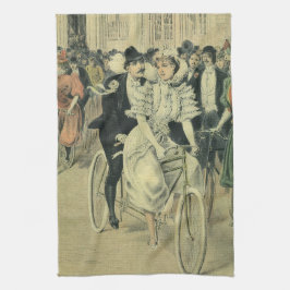 ビクトリアンスタイルの結婚式の花嫁と新郎 新婚夫婦の自転車 キッチンタオル