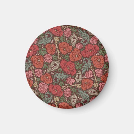 ビクトリアンスチームパンク 古い鍵 ロック 赤いケシの花 マグネット (正面)