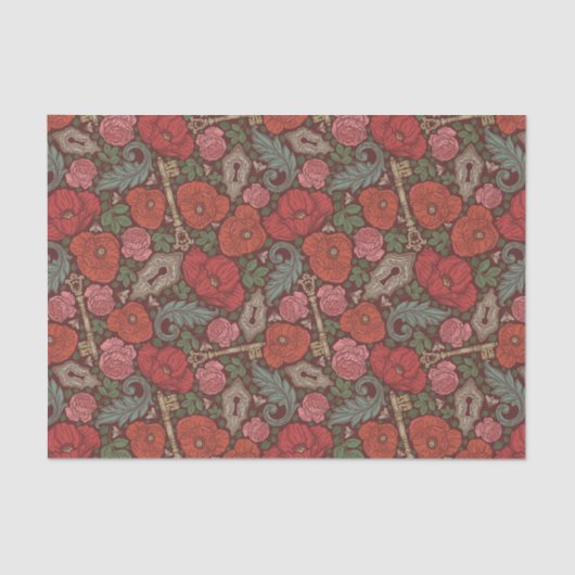 ビクトリアンスチームパンク 古い鍵 ロック 赤いポピー 薄葉紙 (正面)