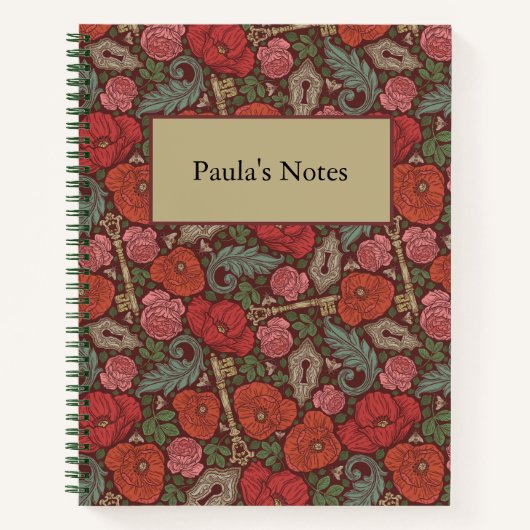ビクトリアンスチームパンク 古い鍵 赤いポピー ノートブック (正面)