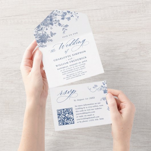 ビクトリアンダスティブルーフランスのガーデン結婚フローラ オールインワン招待状 (貼ってはがせる)