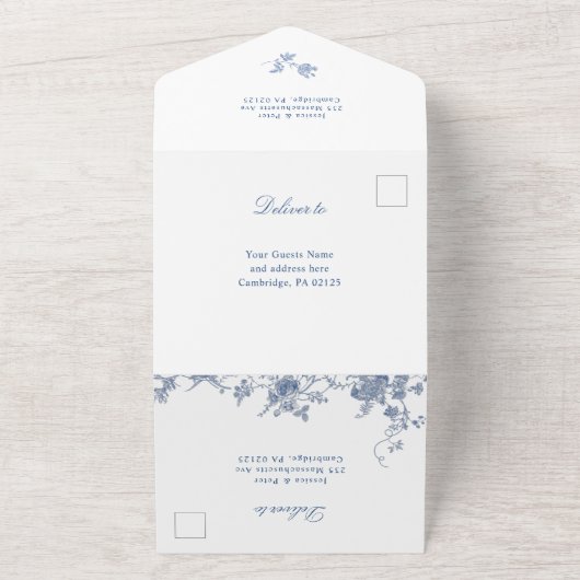 ビクトリアンダスティブルーフランスのガーデン結婚フローラ オールインワン招待状 (外側)