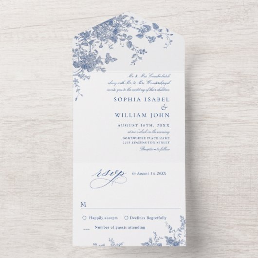 ビクトリアンダスティブルーフランスのガーデン結婚フローラ オールインワン招待状 (内側)