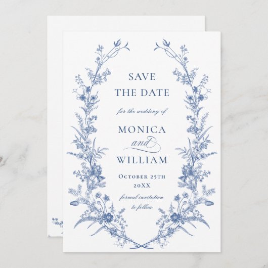 ビクトリアンダスティブルーフランスのガーデン結婚フローラ セーブザデート (正面/裏面)