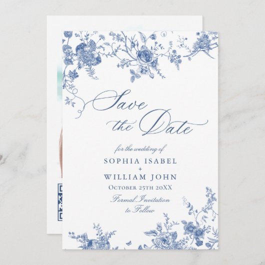 ビクトリアンダスティブルーフランスのガーデン結婚フローラ セーブザデート (正面/裏面)