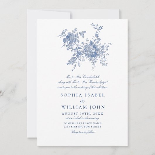 ビクトリアンダスティブルーフランスのガーデン結婚フローラ 招待状 (正面)