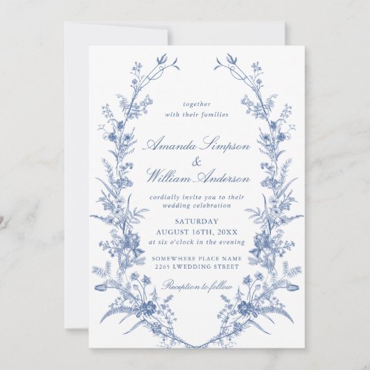 ビクトリアンダスティブルーフランスのガーデン結婚フローラ 招待状 (正面)