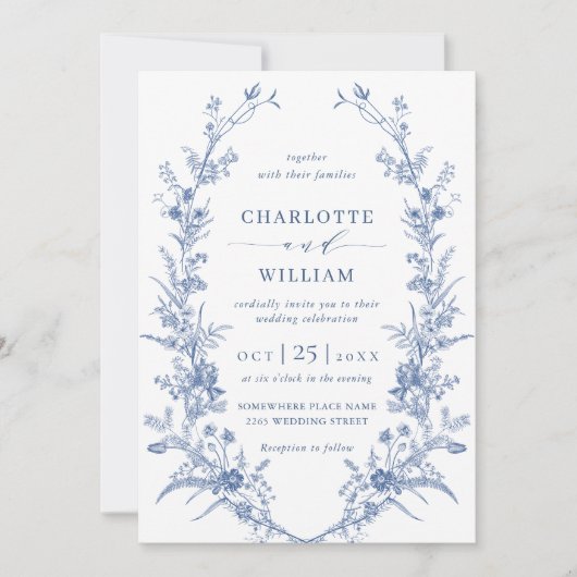 ビクトリアンダスティブルーフランスのガーデン結婚フローラ 招待状 (正面)