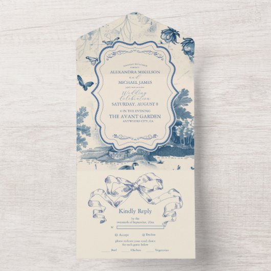 ビクトリアンダスティブルーフランスのトワ結婚ーズ オールインワン招待状 (内側)