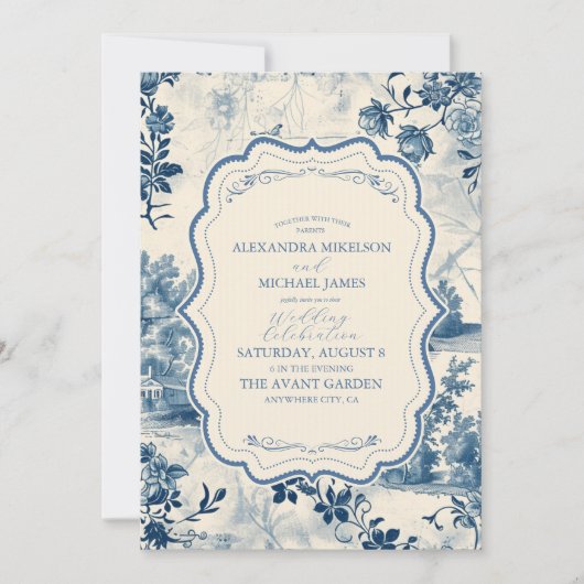 ビクトリアンダスティブルーフランスのトワ結婚ーズ 招待状 (正面)