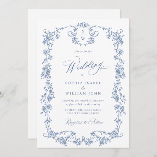 ビクトリアンダスティブルーフランスの庭園の結婚式 招待状 (正面/裏面)