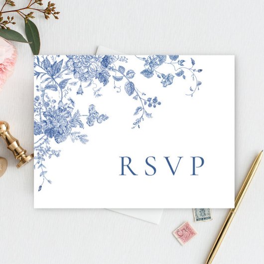 ビクトリアンダスティブルーフランスの庭園の結婚式RSVP ポストカード
