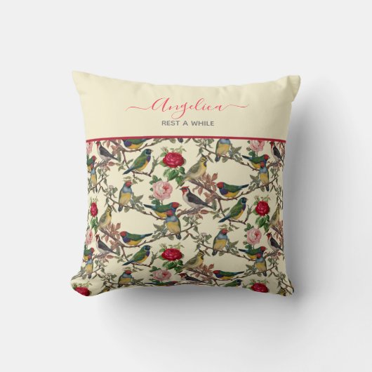 ビクトリアンチンツィーの鳥とバラレトロヴィンテージ クッション (正面)