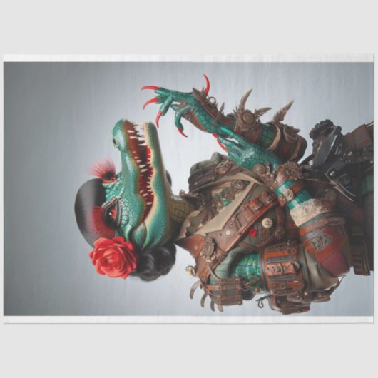 ビクトリアンティール(緑がかった色)右向きアリゲータデコパージュ 薄葉紙 (正面)