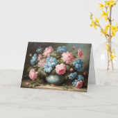ビクトリアンピンクの花瓶の青い花の静物 カード (黄色い花)