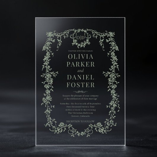 ビクトリアンフランスのセージ結婚グリーン アクリル招待状