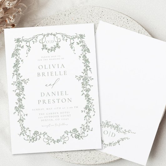 ビクトリアンフランスのセージ結婚グリーン 招待状