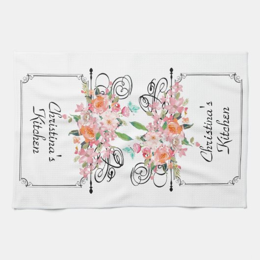 ビクトリアンフローラぶら下がった徴候は白いピンク キッチンタオル (横)