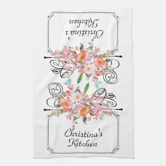 ビクトリアンフローラぶら下がった徴候は白いピンク キッチンタオル (縦)