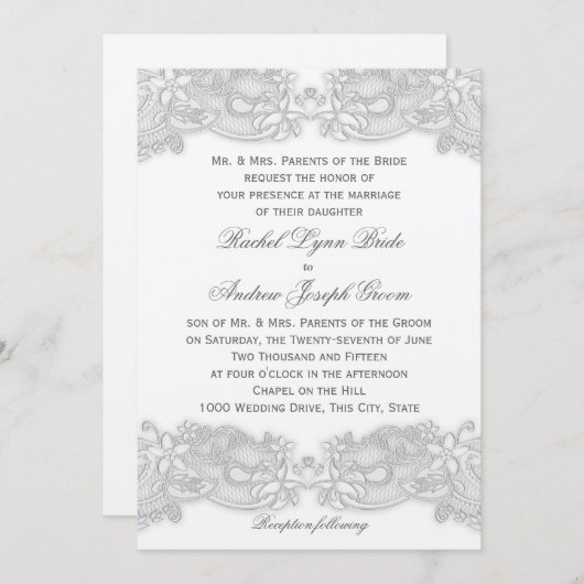 ビクトリアンフローラシルバーグレイデザイン結婚ズ 招待状 (正面/裏面)