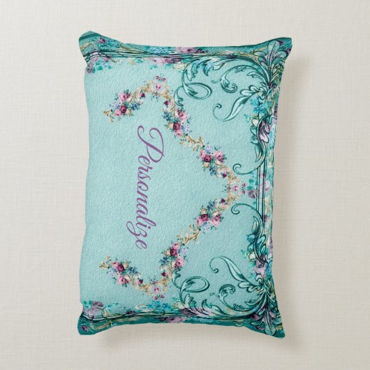 ビクトリアンフローラスエレガントロティール（緑がかった色）ピンク紫 アクセントクッション (裏面(縦))