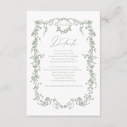 ビクトリアンフローラセージ緑フランスの結婚写真 エンクロージャーカード (正面)