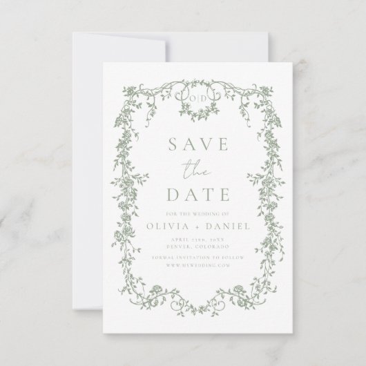 ビクトリアンフローラセージ緑フランスの結婚写真 セーブザデート (正面)