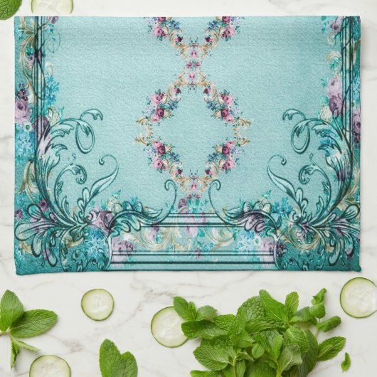 ビクトリアンフローラバラ花巻物エレガント キッチンタオル (折り畳み)