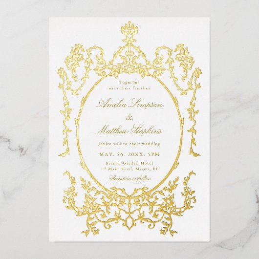 ビクトリアンフローラフレ結婚ームの金ゴールド 箔招待状 (正面)