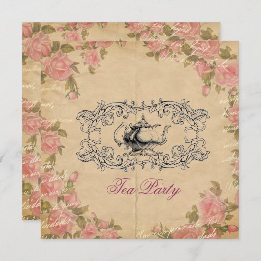 ビクトリアンフローラヴィンテージブライダルシャワー茶パーティー 招待状 (正面/裏面)