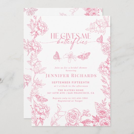 ビクトリアンフローラ | 蝶ブライダルシャワー 招待状 (正面/裏面)