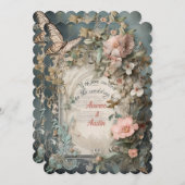 ビクトリアンブルーとピンクの花と蝶 招待状 (正面/裏面)