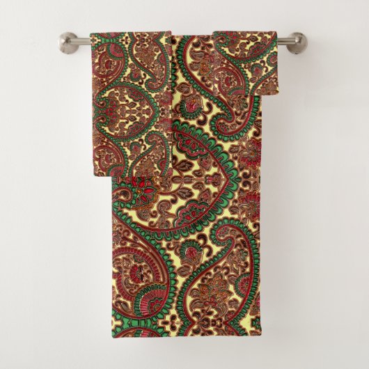 ビクトリアンペイズリーパターエレガントン赤い緑の金ゴールド バスタオルセット (インサイチュ)