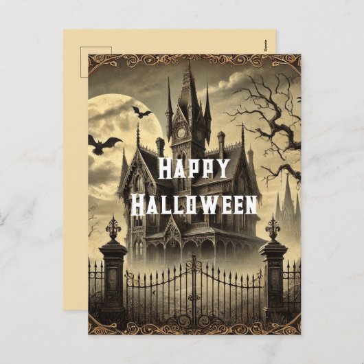 ビクトリアンヴィンテージハ幽霊のよく出るウスハッピーハローウィン シーズンポストカード (正面/裏面)