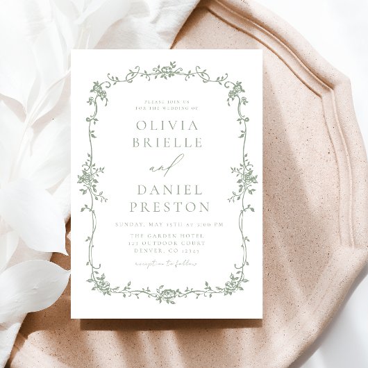 ビクトリアンヴィンテージフランスのセージ結婚グリーン 招待状