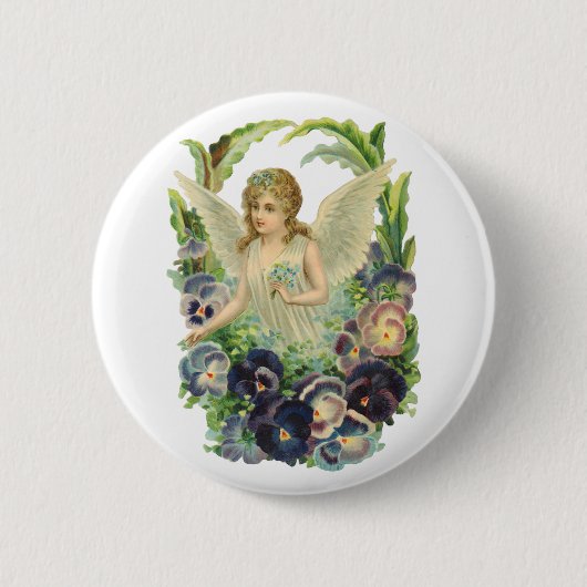 ビクトリアン復活祭の天使 紫のパンジー花 缶バッジ (正面)
