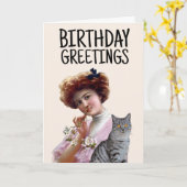 ビクトリアン時代の女性と猫 ヴィンテージ グリーティングカード (黄色い花)