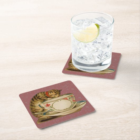 ビクトリアン時代の猫のティーカップ　かわいいヴィンテージ スクエアペーパーコースター (インサイチュ)