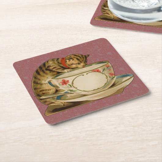 ビクトリアン時代の猫のティーカップ かわいいヴィンテージ スクエアペーパーコースター (アングル)