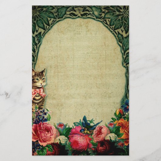 ビクトリアン猫と楽譜のローズ フローラル ヴィンテージ 便箋 (正面)