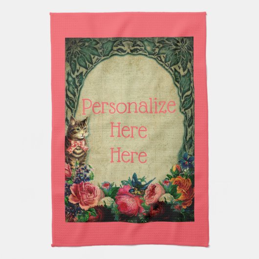 ビクトリアン猫と楽譜バラフローラヴィンテージ キッチンタオル (縦)
