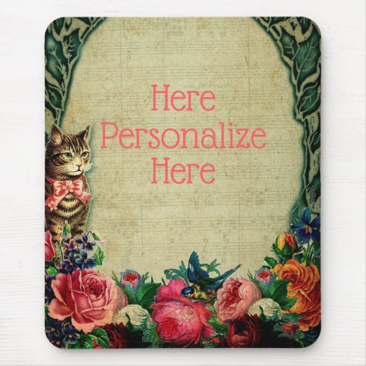 ビクトリアン猫と楽譜バラフローラヴィンテージ マウスパッド (正面)