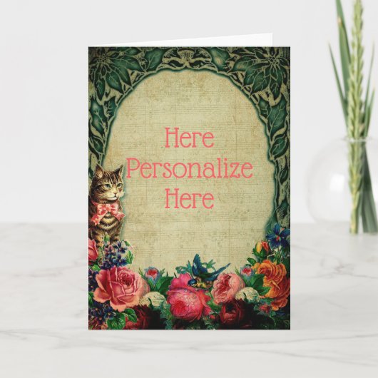 ビクトリアン猫シート音楽フローラヴィンテージグリーンピン カード (正面)