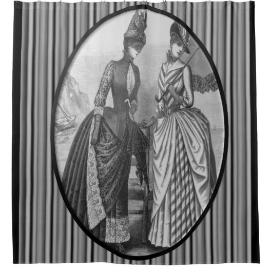 ビクトリアン白黒レディストライプショアカーテン シャワーカーテン (正面)