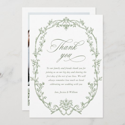 ビクトリアン華美フローラセージ結婚グリーンのQRコード サンキューカード (正面/裏面)