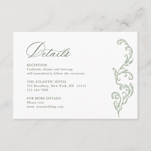 ビクトリアン華美フローラセージ結婚グリーン詳細 エンクロージャーカード (正面)